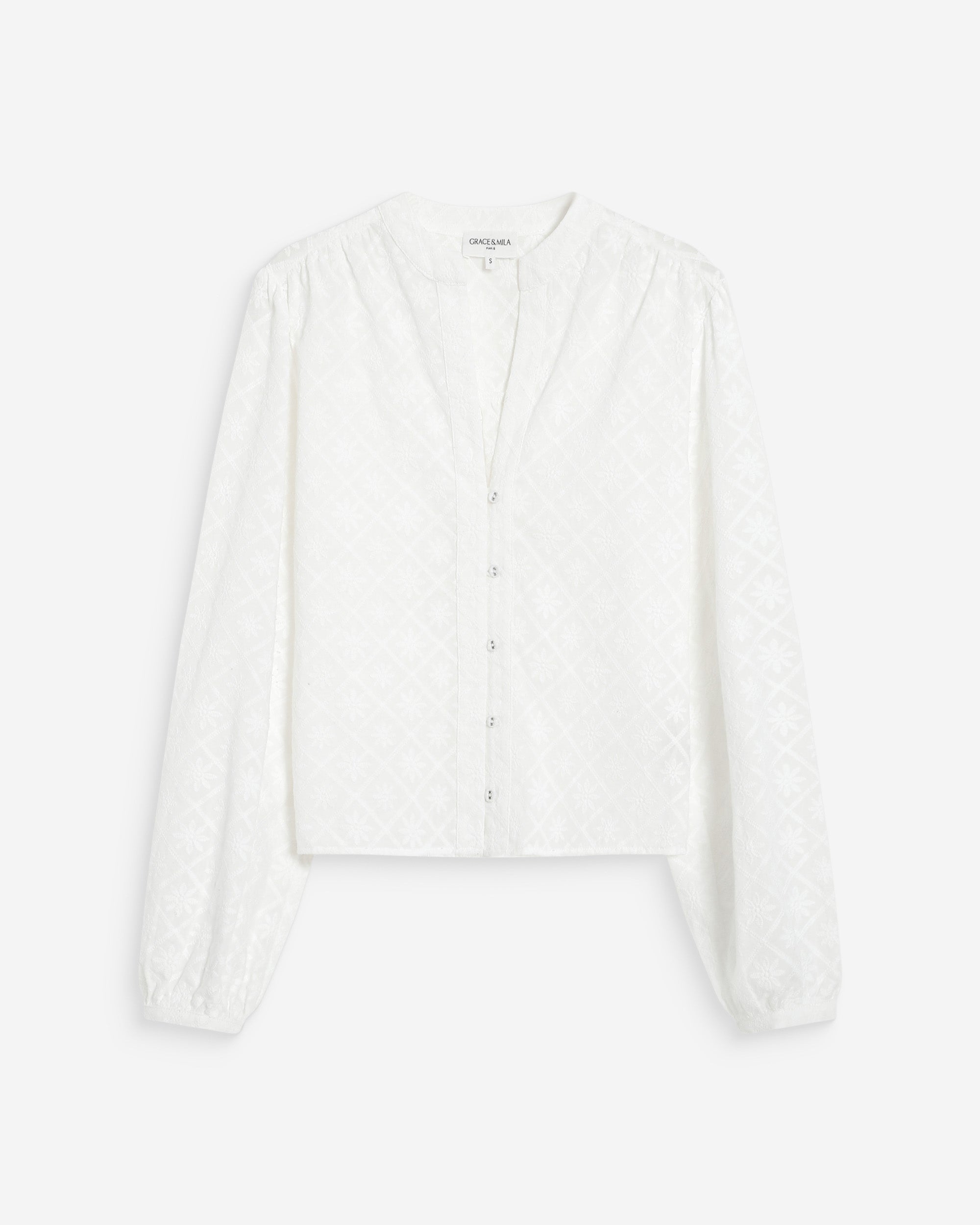 Blusa de algodón bordada con cuello mao ivoire Vandita