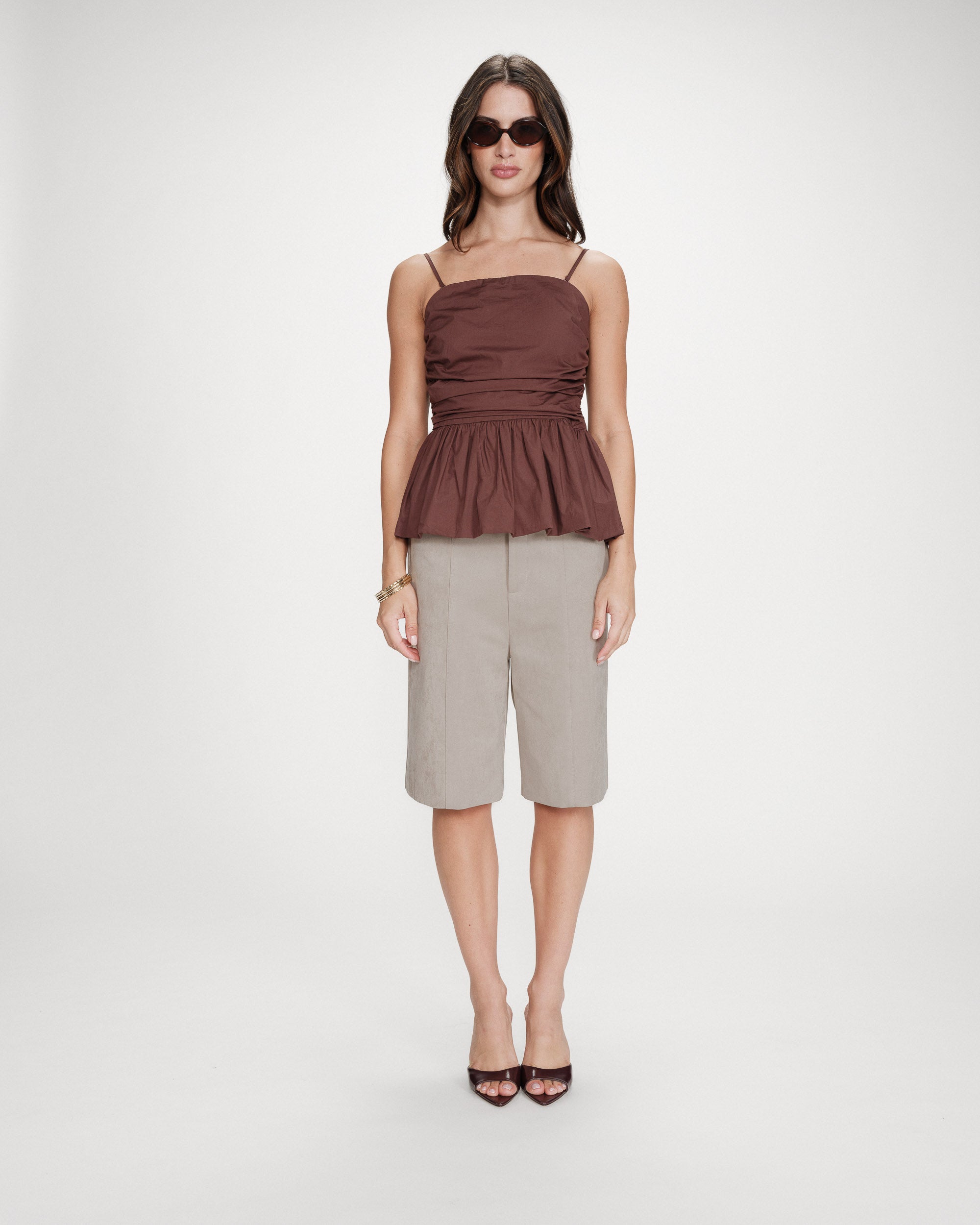 Top péplum bustier à encolure carrée chocolat Valo