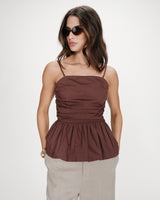 Top péplum bustier à encolure carrée chocolat Valo