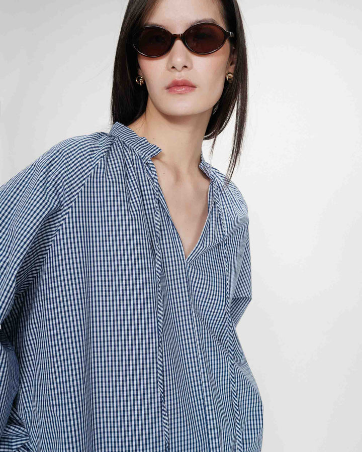 Blouse à carreaux en coton marine Varry