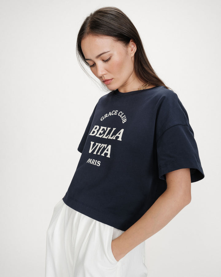 Top oversize en coton message imprimé marine Voss