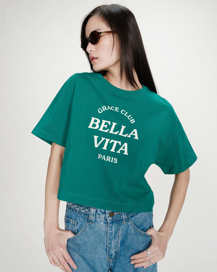 Top oversize en coton message imprimé vert Voss