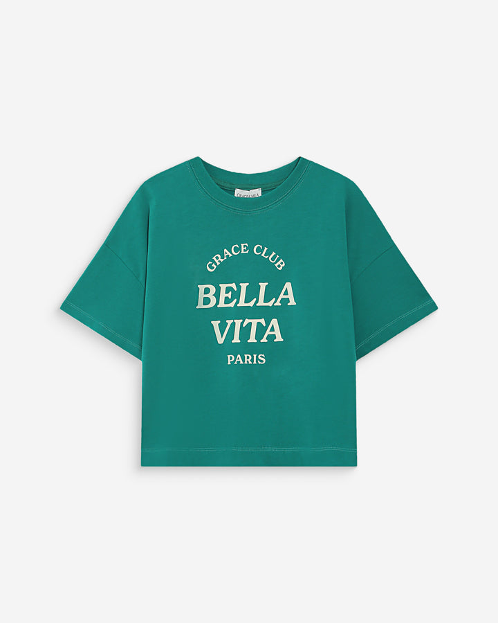 Top oversize en coton message imprimé vert Voss