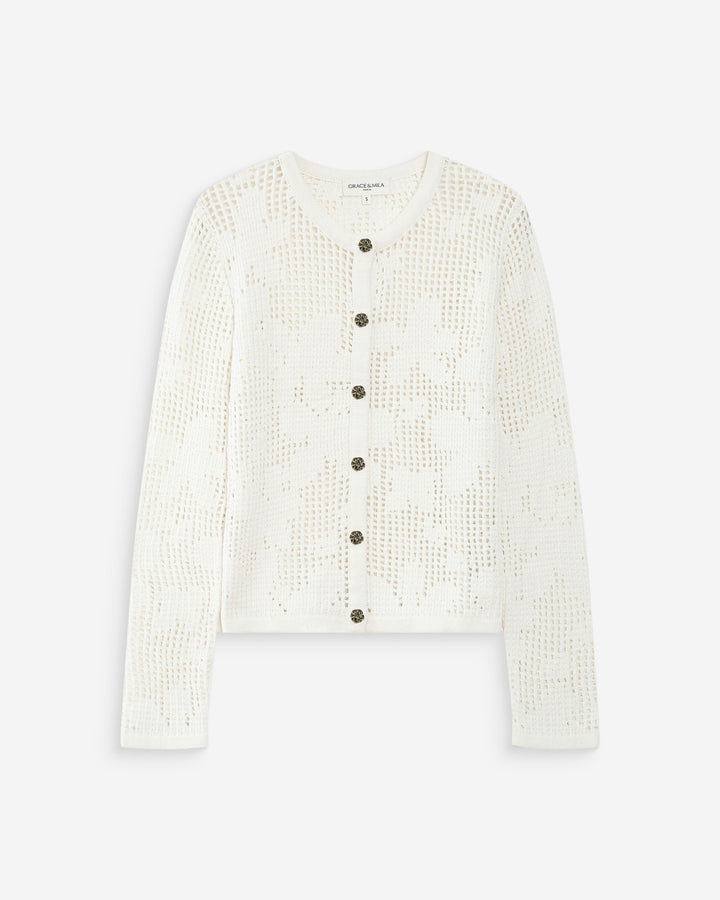 Cardigan en maille ajourée ecru Velasquez