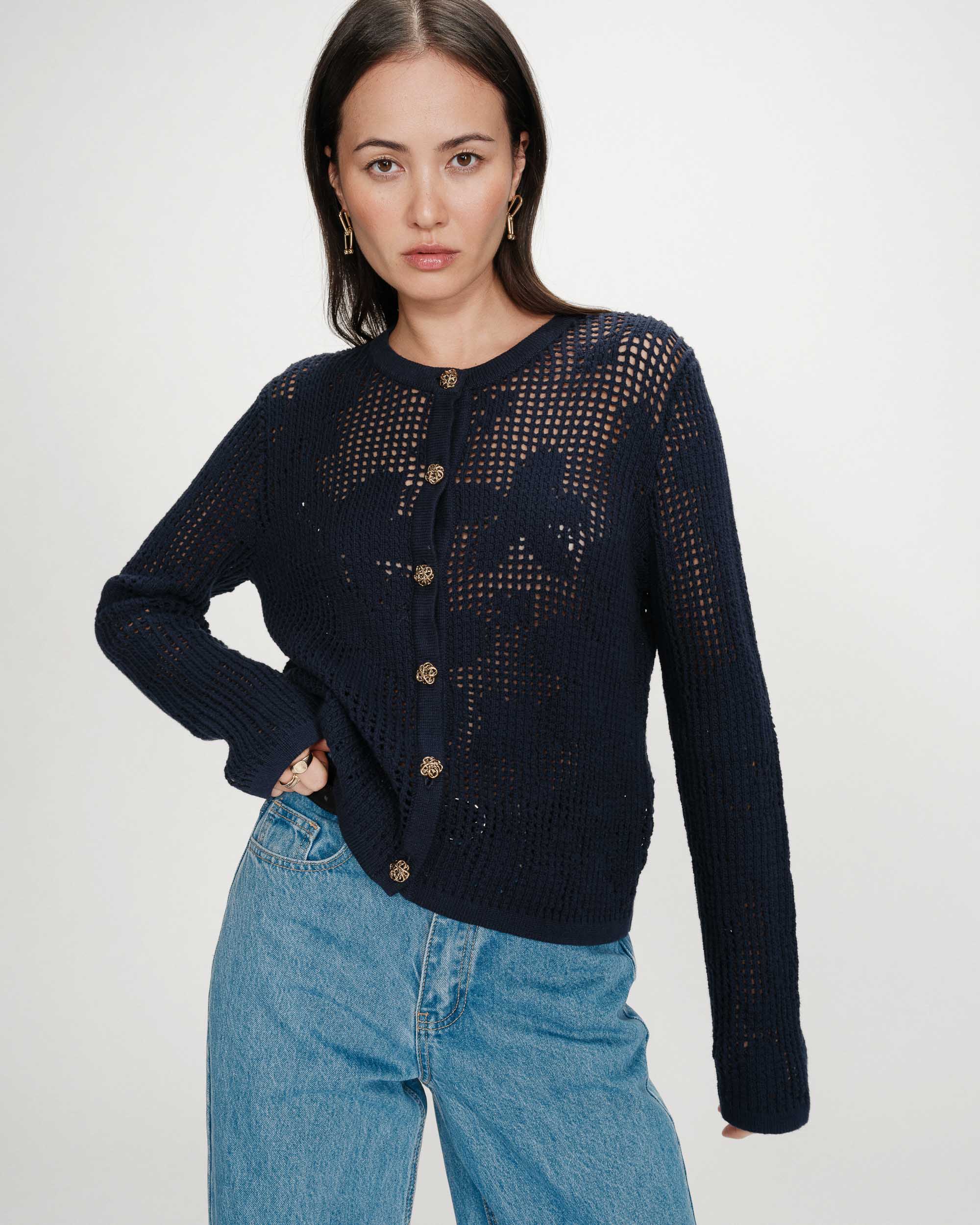 Cardigan maille ajourée marine Velasquez