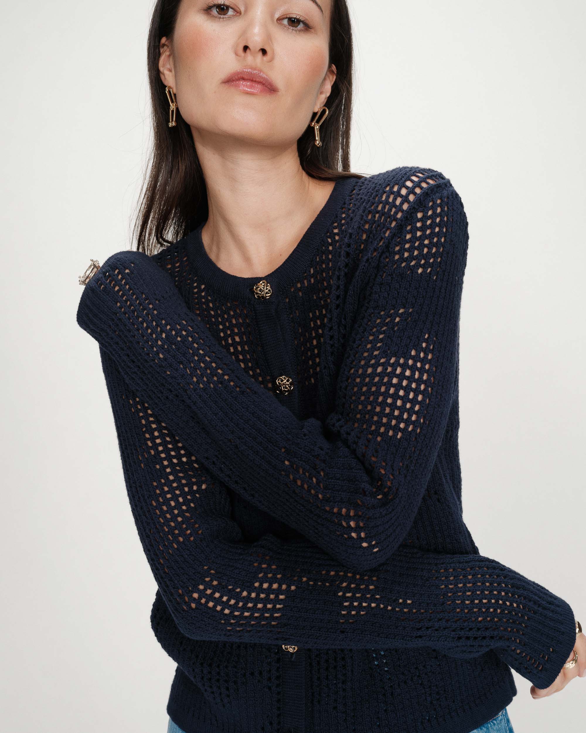 Cardigan maille ajourée marine Velasquez