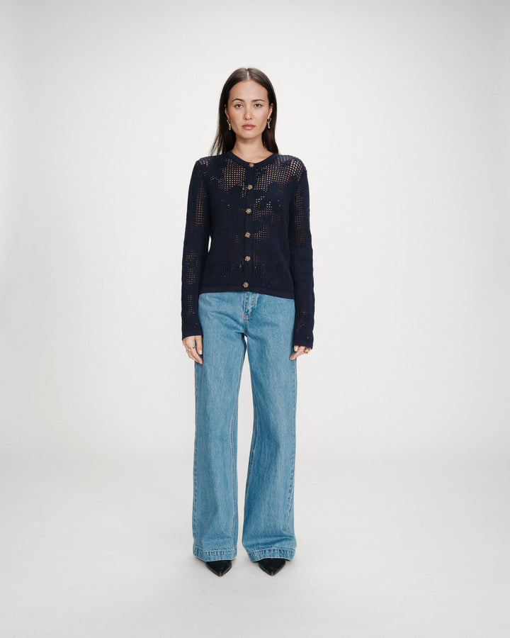 Cárdigan de punto calado mangas largas marine Velasquez