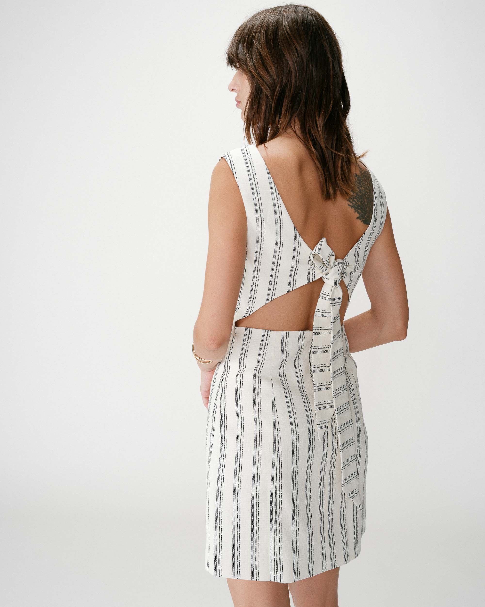 Striped short square-neck dress with open back rayure Wexana