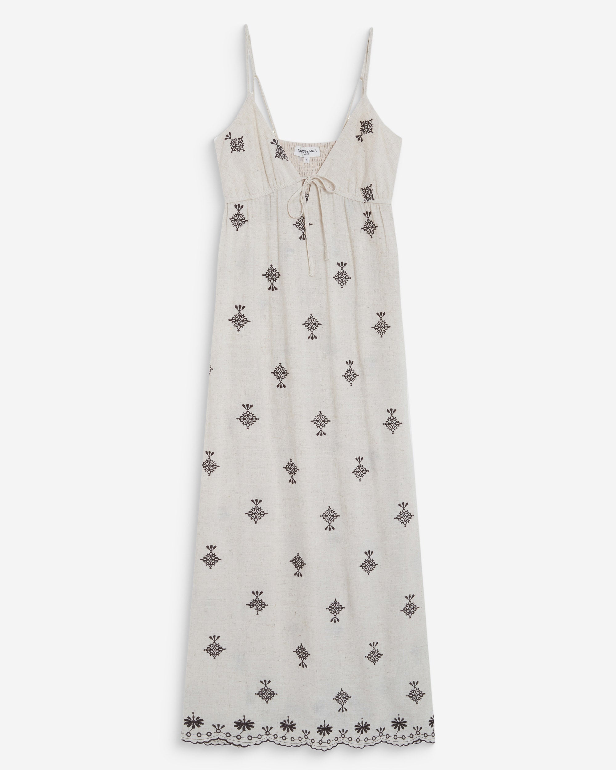 Robe longue bohème évasée à broderies chocolat Wilora