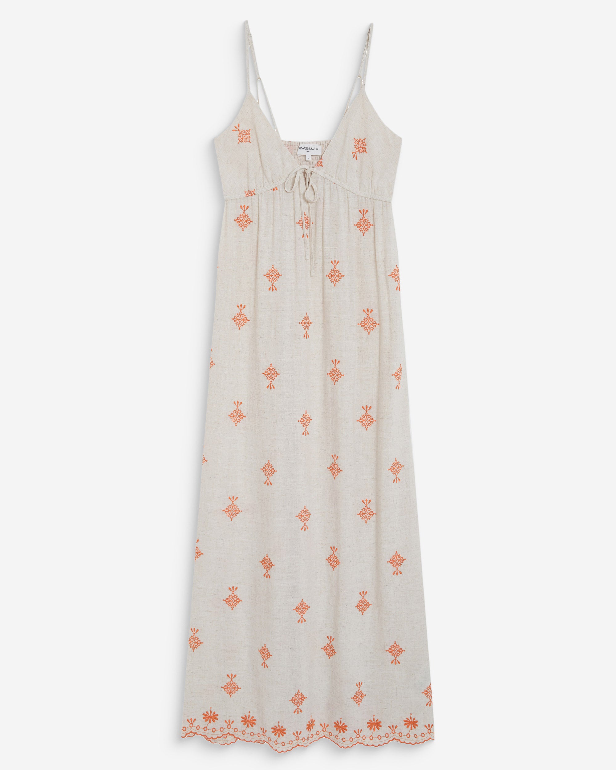 Robe longue bohème évasée à broderies orange Wilora