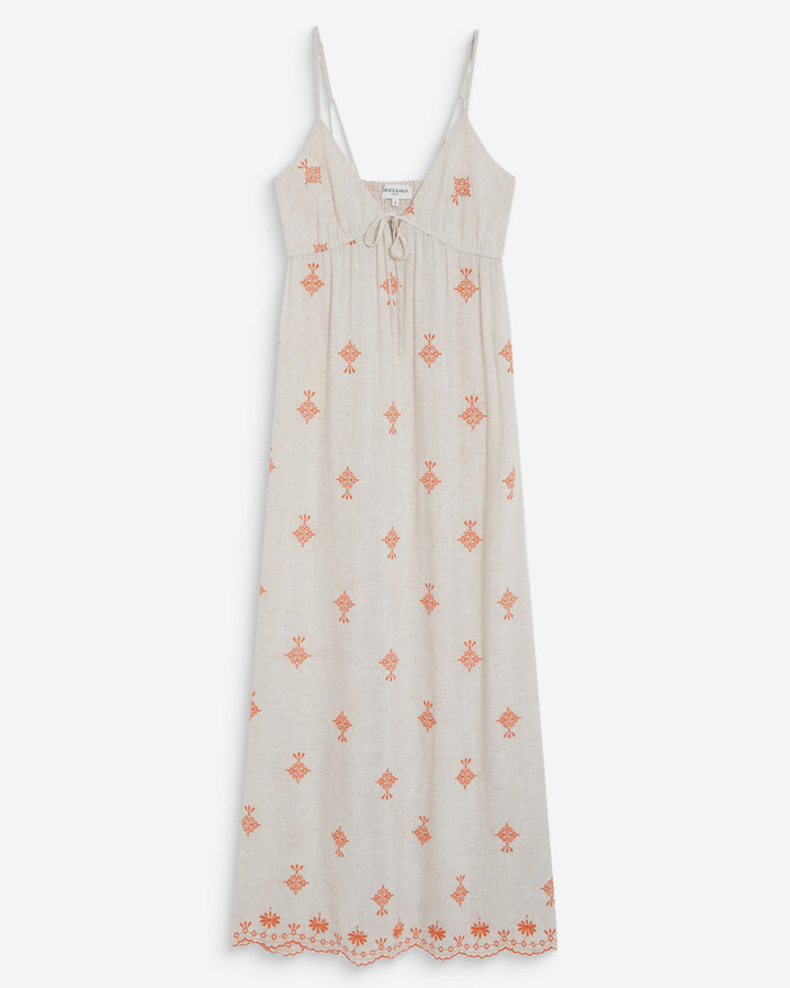 Robe longue bohème évasée à broderies orange Wilora