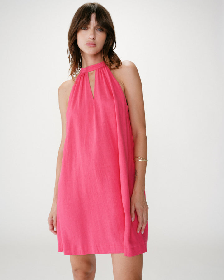 Robe courte évasée en lin dos à nouer fuchsia Whola