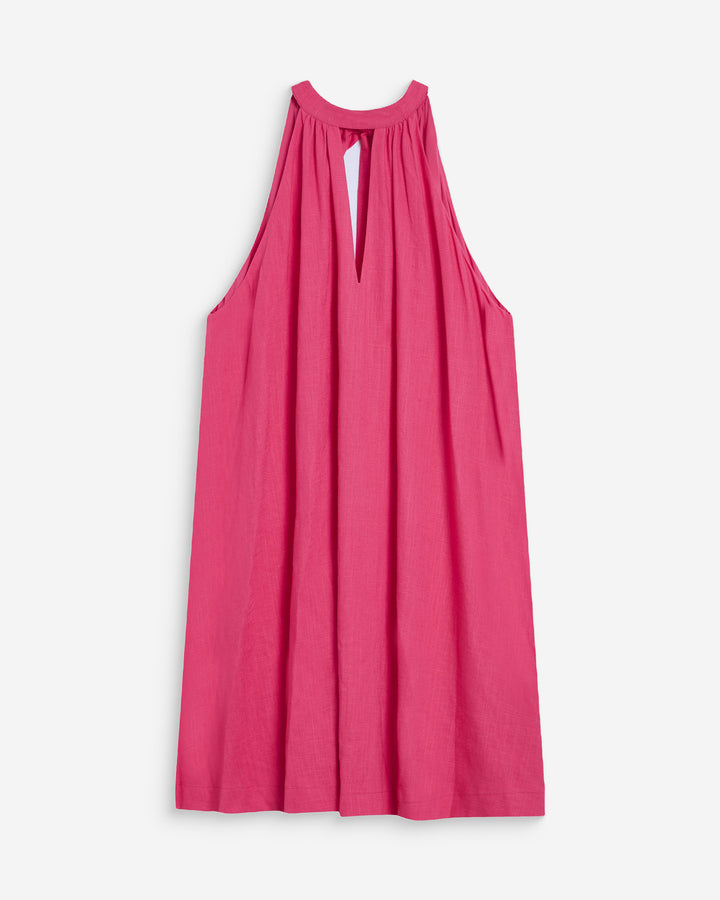 Robe courte évasée en lin dos à nouer fuchsia Whola