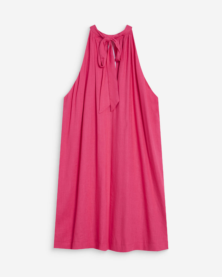 Robe courte évasée en lin dos à nouer fuchsia Whola