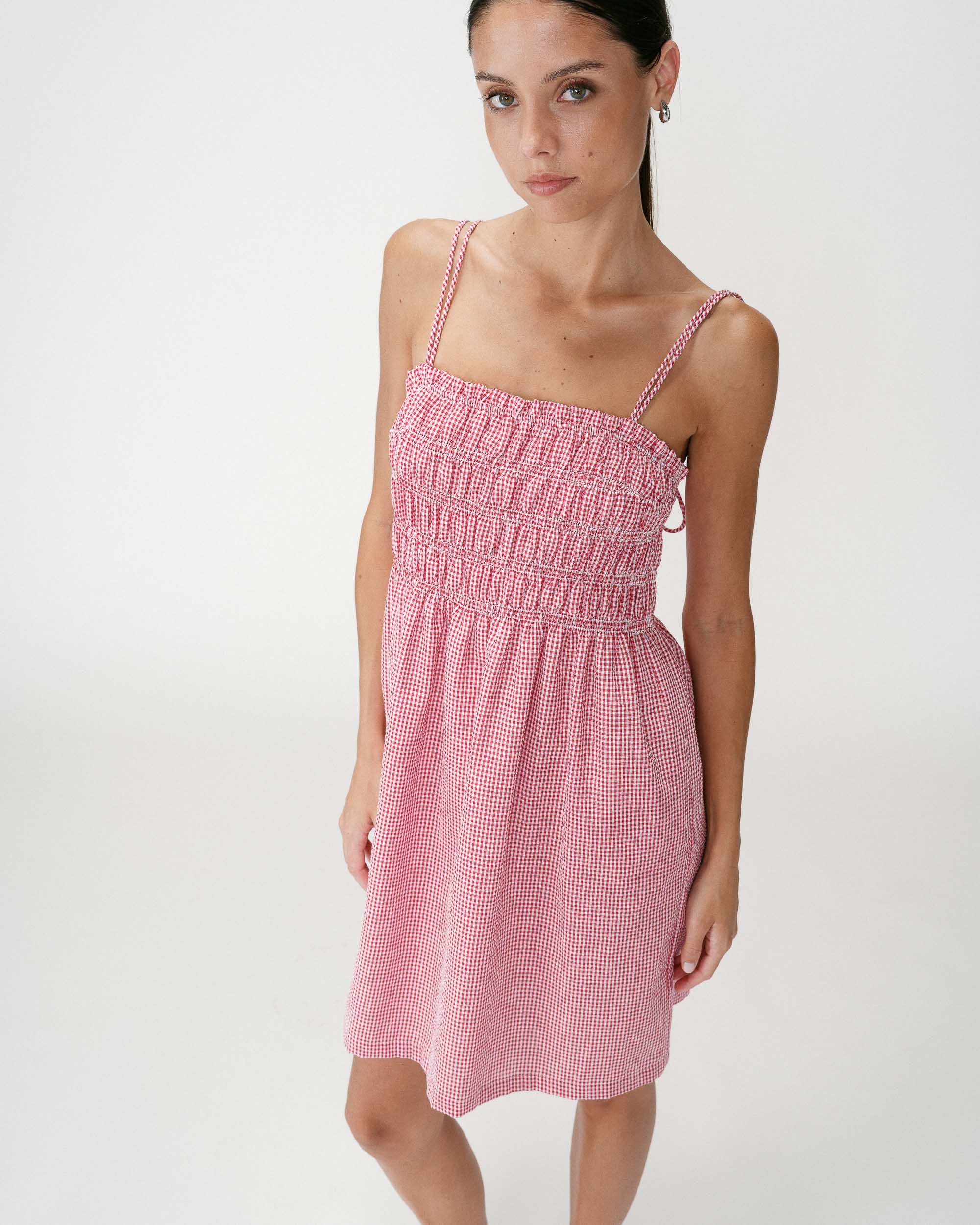 Robe courte en coton à carreaux vichy rouge Willa
