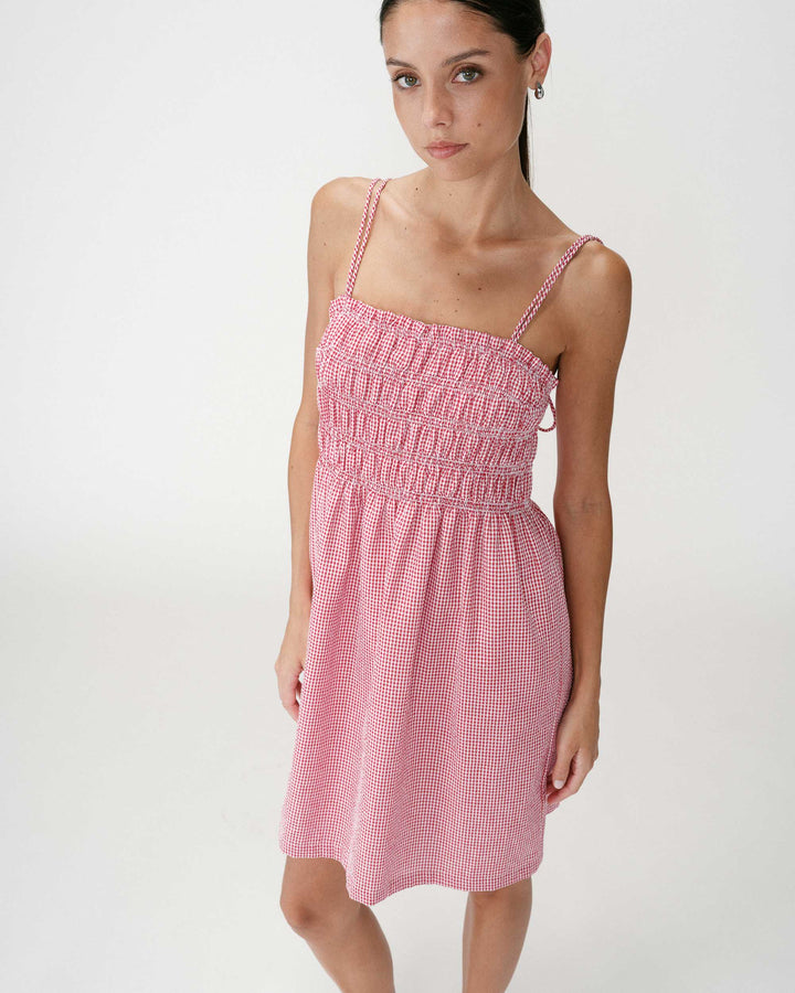 Robe courte en coton à carreaux vichy rouge Willa