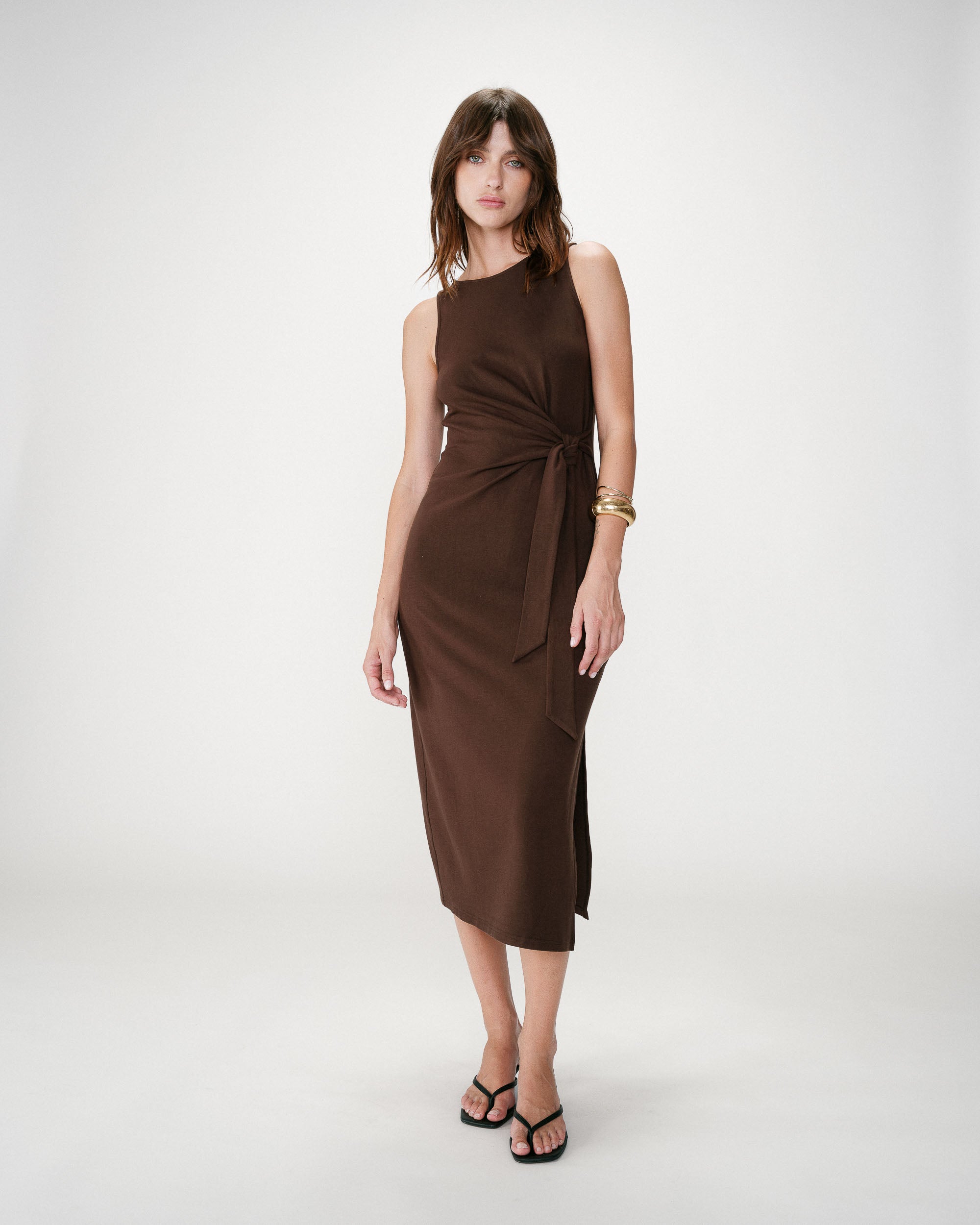 Vestido largo drapeado con nudo en la cintura chocolat Wyla