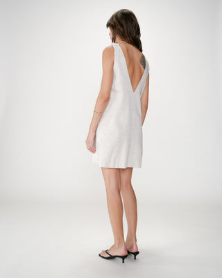 Robe courte évasée en lin col V sable Wynette