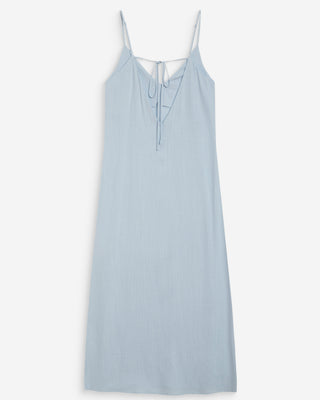 Robe longue en lin col V dos nu à nouer ciel Wendra
