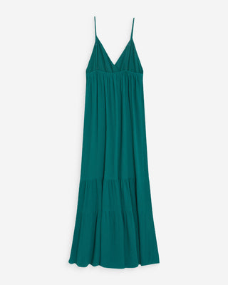 Robe longue fluide en coton col V à bretelles emeraude Wynora