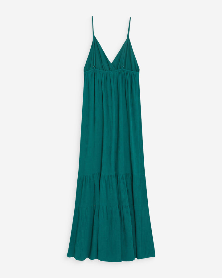 Robe longue fluide en coton col V à bretelles emeraude Wynora