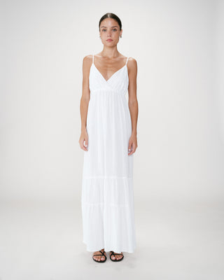 Robe longue fluide en coton col V à bretelles white Wynora