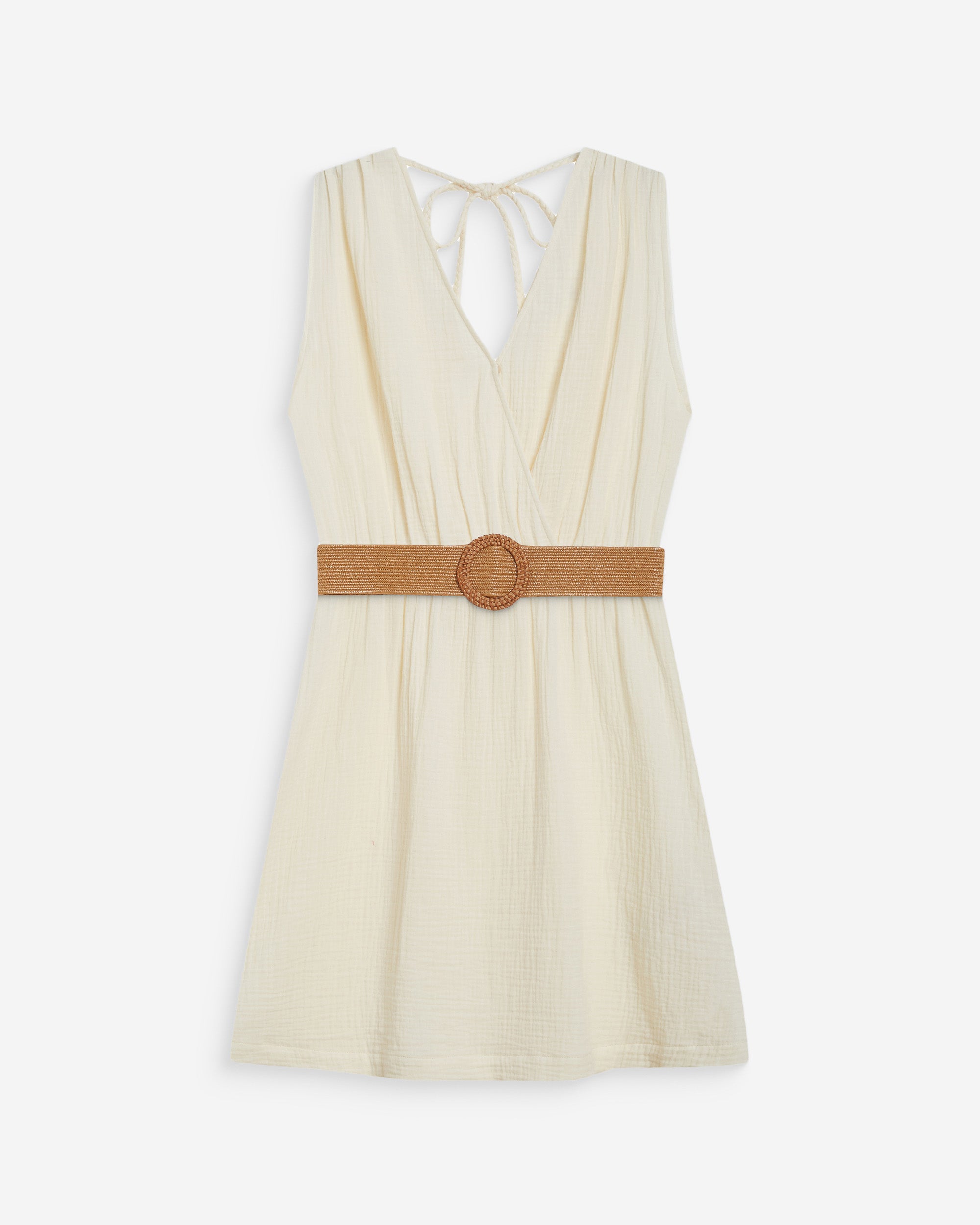 Robe courte en gaze de coton ceinturée ecru Wrenna