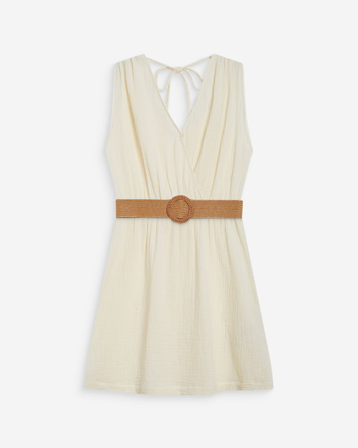Robe courte en gaze de coton ceinturée ecru Wrenna