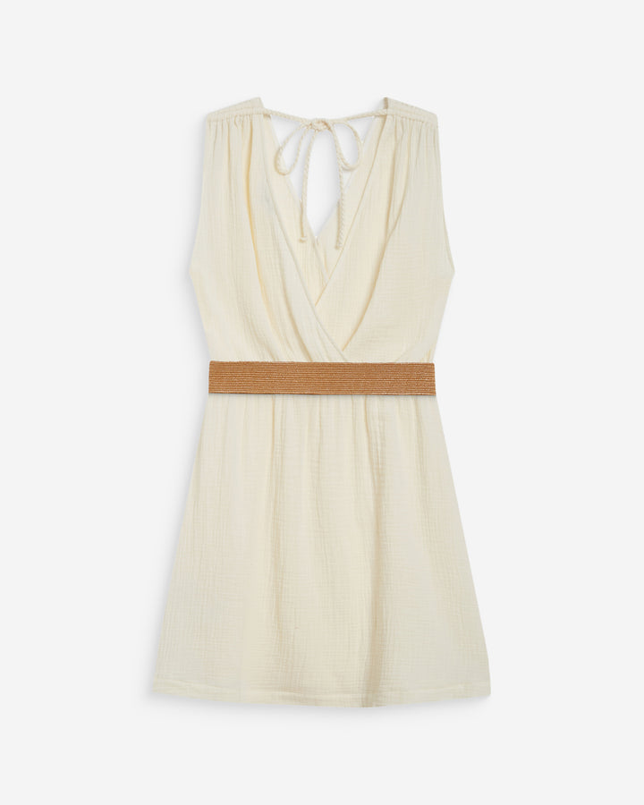 Robe courte en gaze de coton ceinturée ecru Wrenna