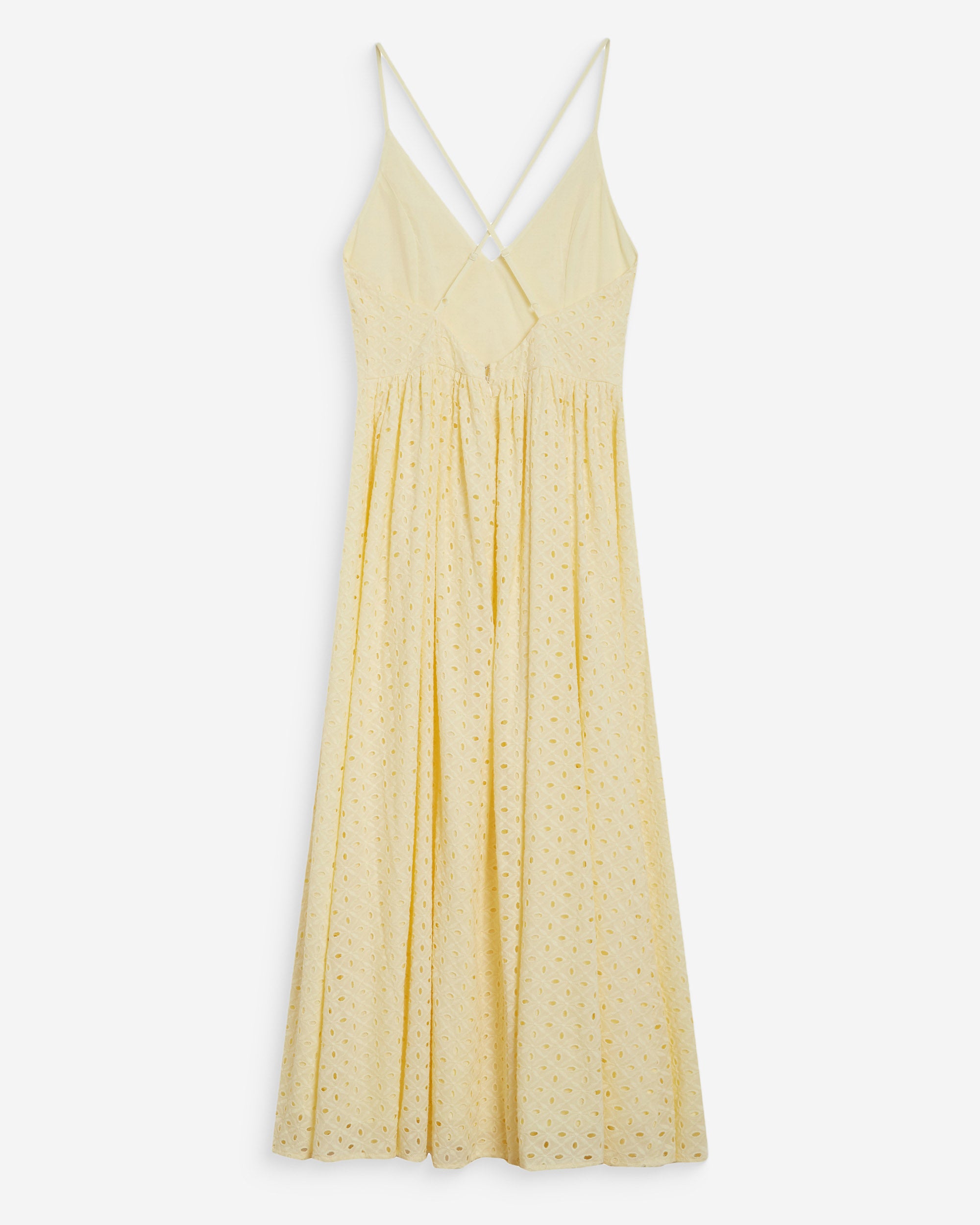 Robe longue évasée col V en broderie anglaise jaune Wimala