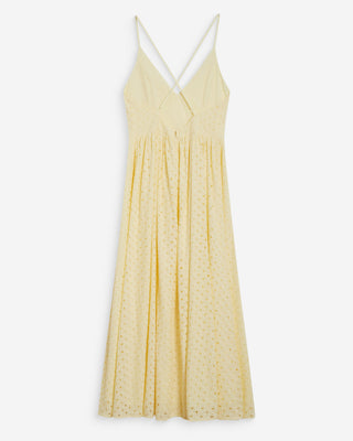 Robe longue évasée col V en broderie anglaise jaune Wimala