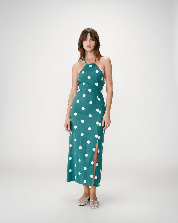 Vestido largo ajustado de lunares emeraude Wyella