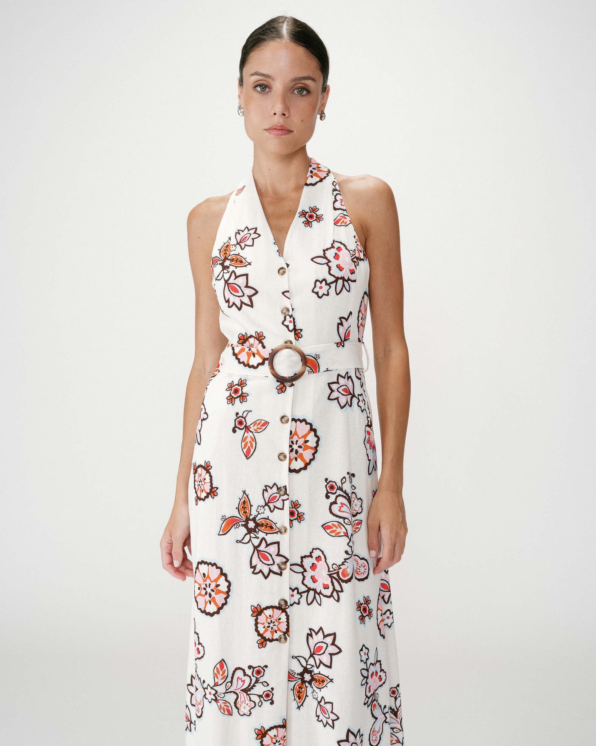 Robe midi ceinturée col V imprimé floral ecru Wink