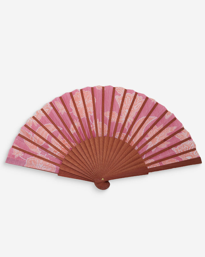 Abanico de madera y tela estampado floral fuchsia Weslyn