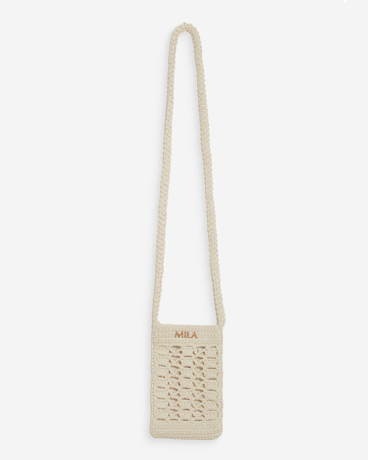 Pochette bandoulière de téléphone en crochet ecru Walt