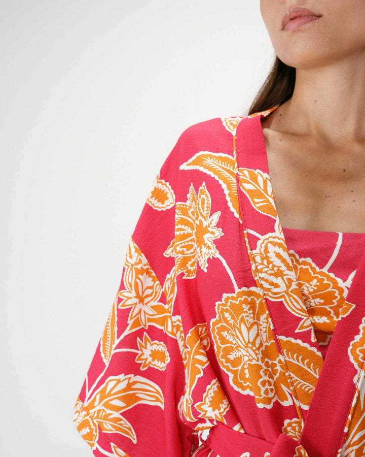 Short sleeve floral print kimono fuchsia Wahana