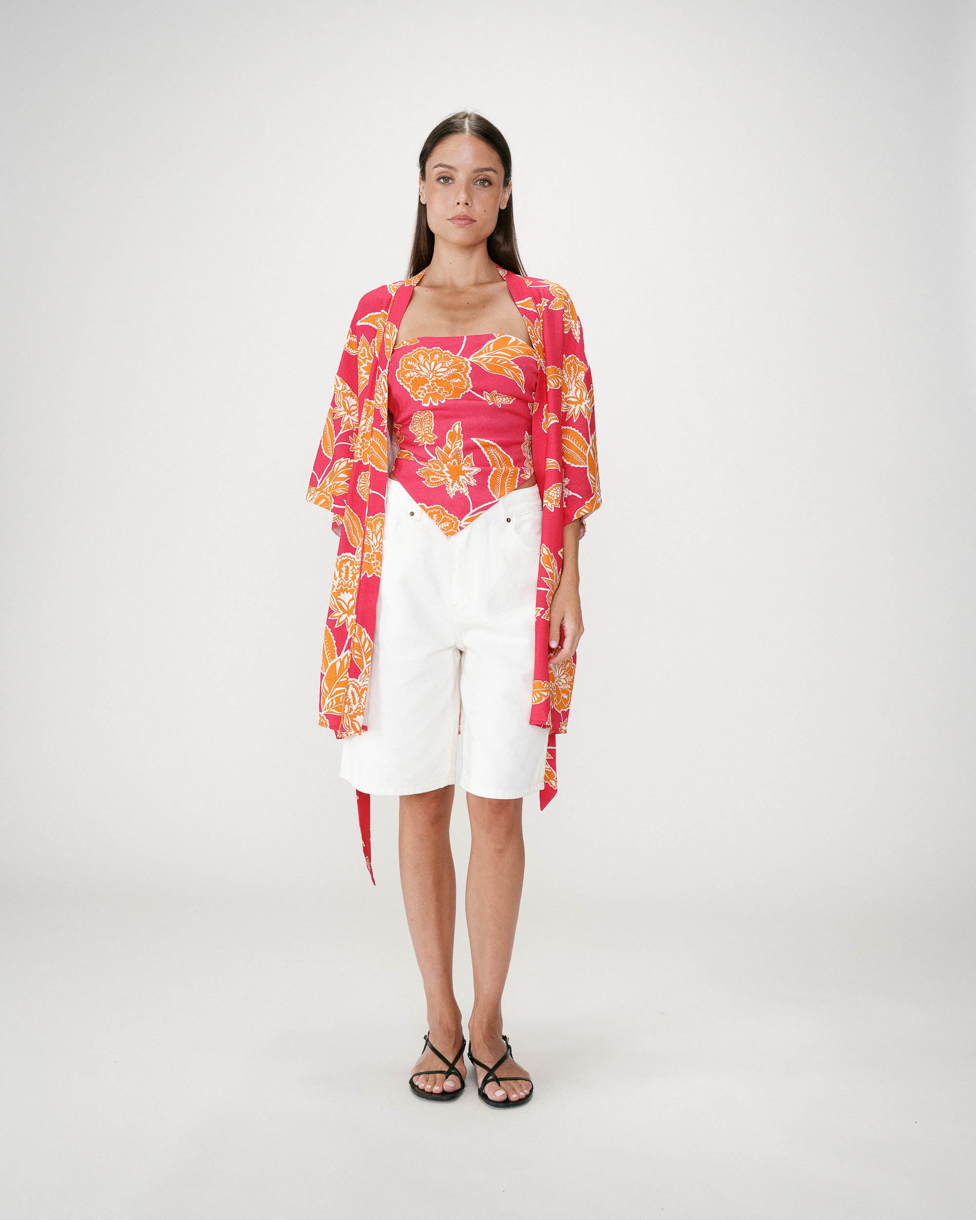 Short sleeve floral print kimono fuchsia Wahana