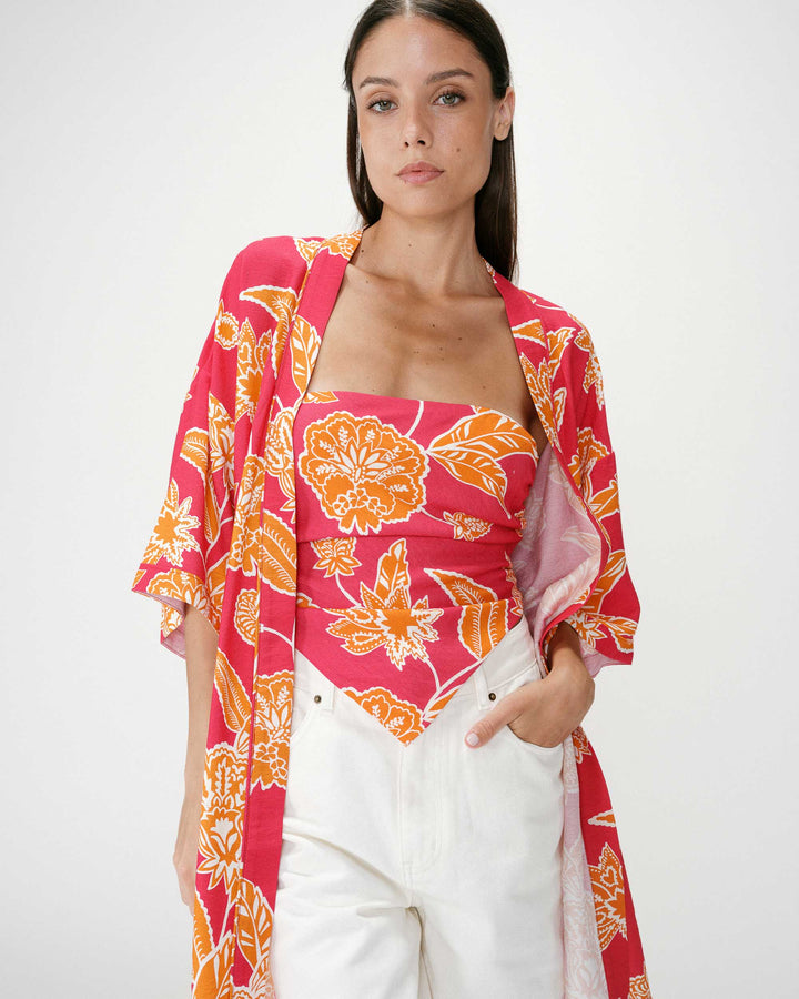 Short sleeve floral print kimono fuchsia Wahana