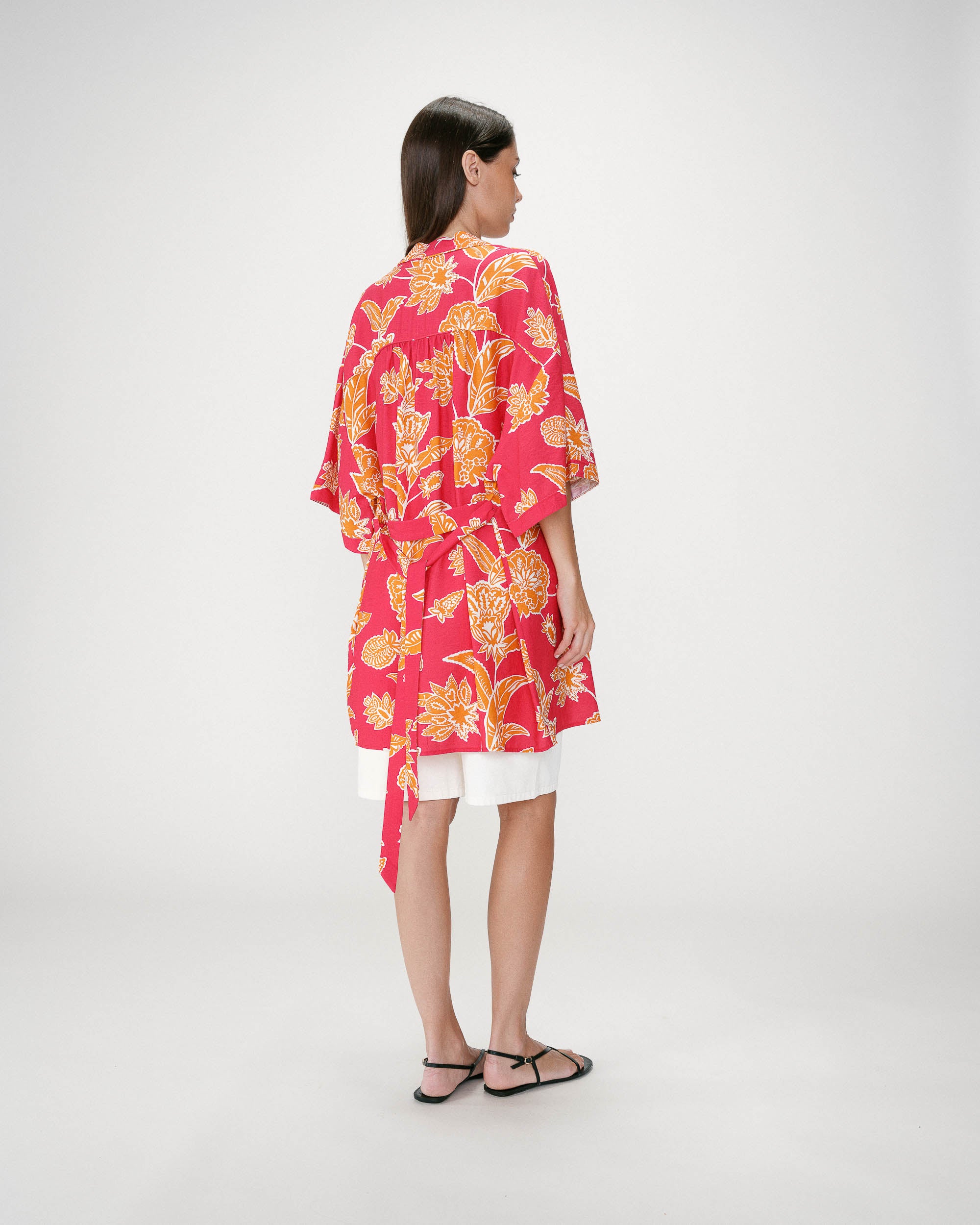 Short sleeve floral print kimono fuchsia Wahana
