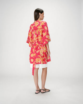Short sleeve floral print kimono fuchsia Wahana