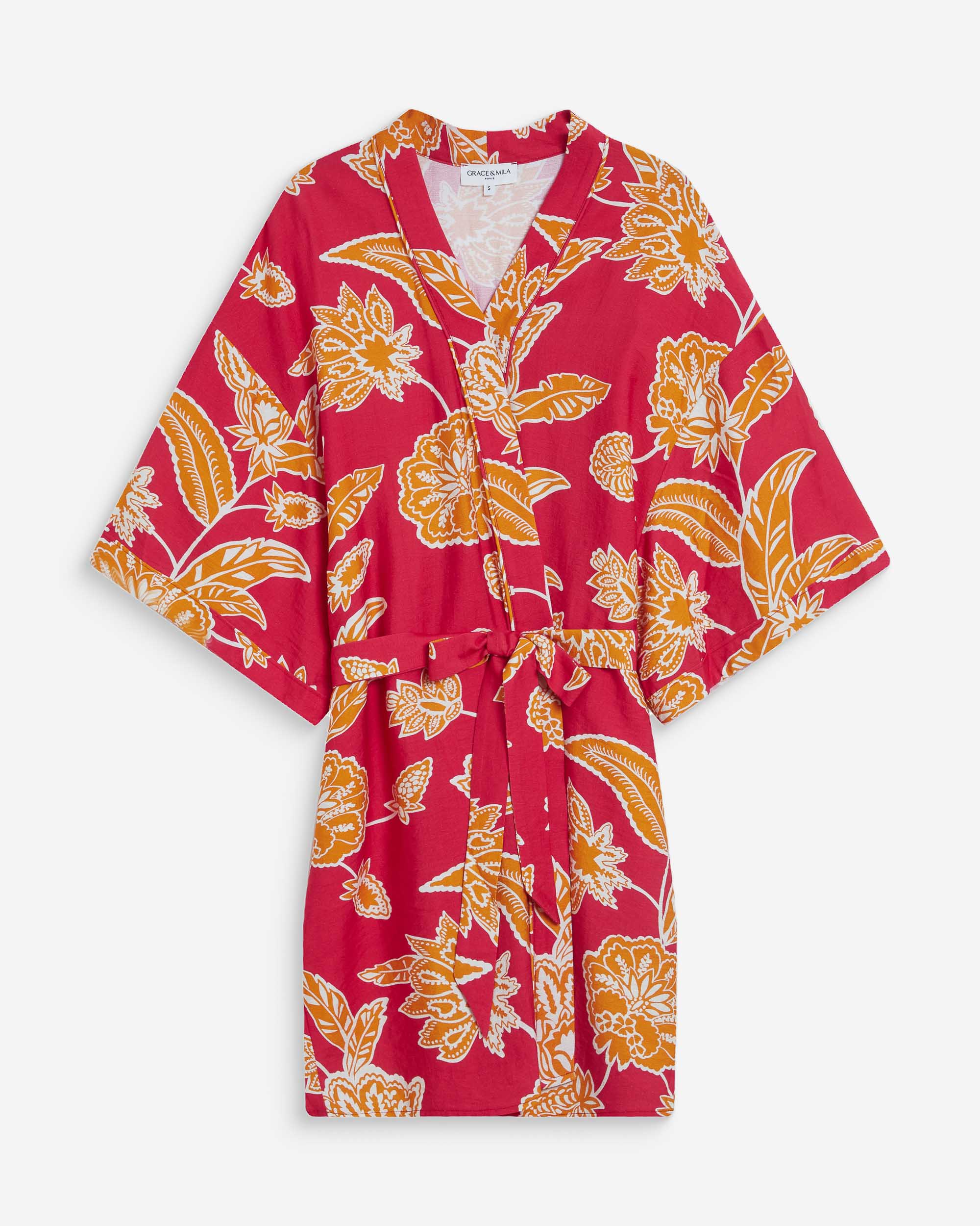Short sleeve floral print kimono fuchsia Wahana