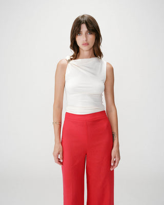 Pantalon droit taille haute jambes larges en lin rouge Wesley