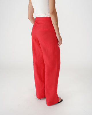 Pantalon droit taille haute jambes larges en lin rouge Wesley