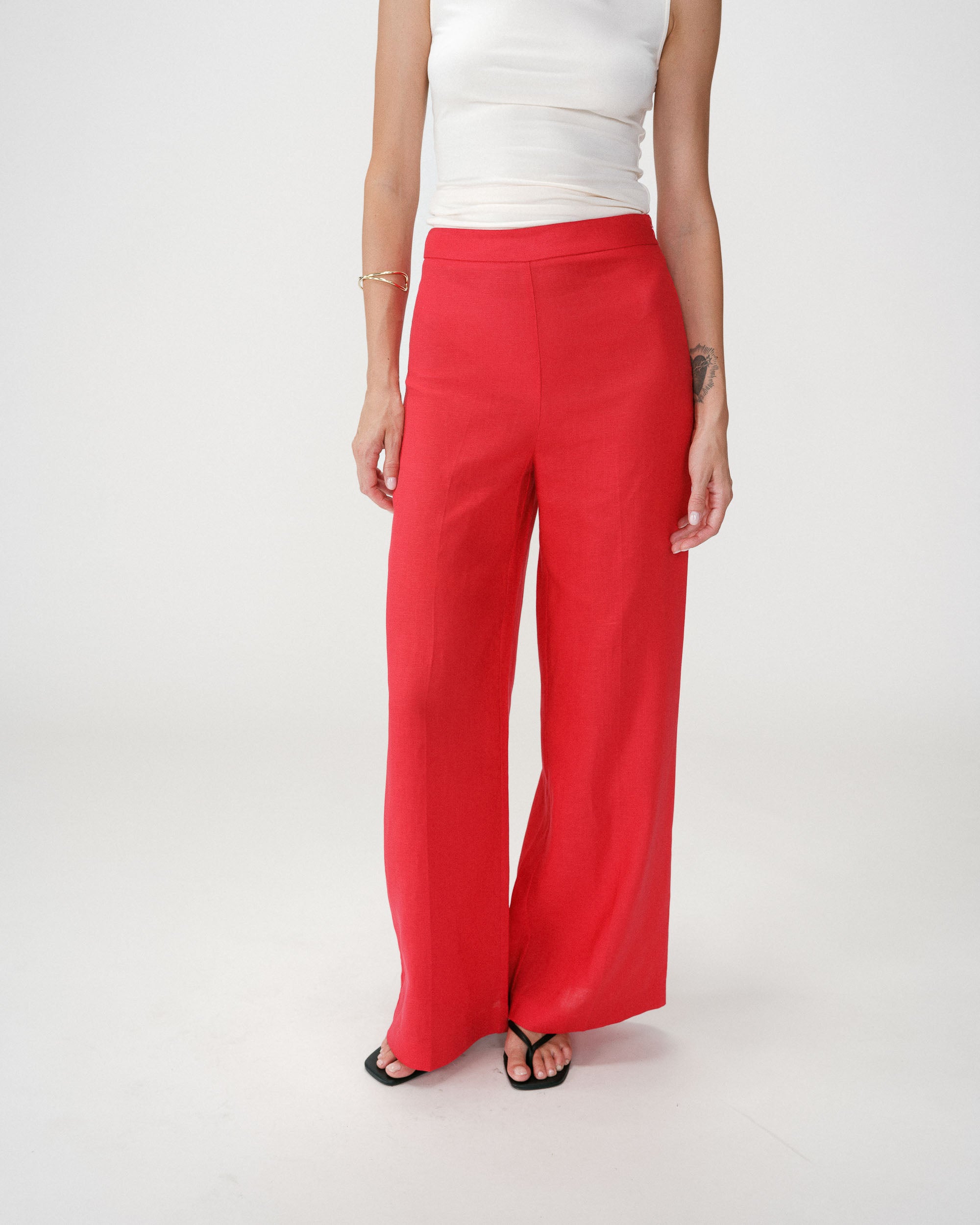 Pantalon droit taille haute jambes larges en lin rouge Wesley