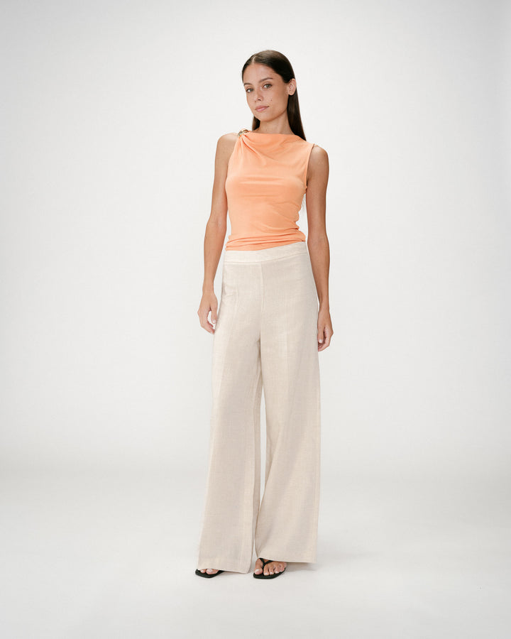Pantalon droit taille haute jambes larges en lin sable Wesley