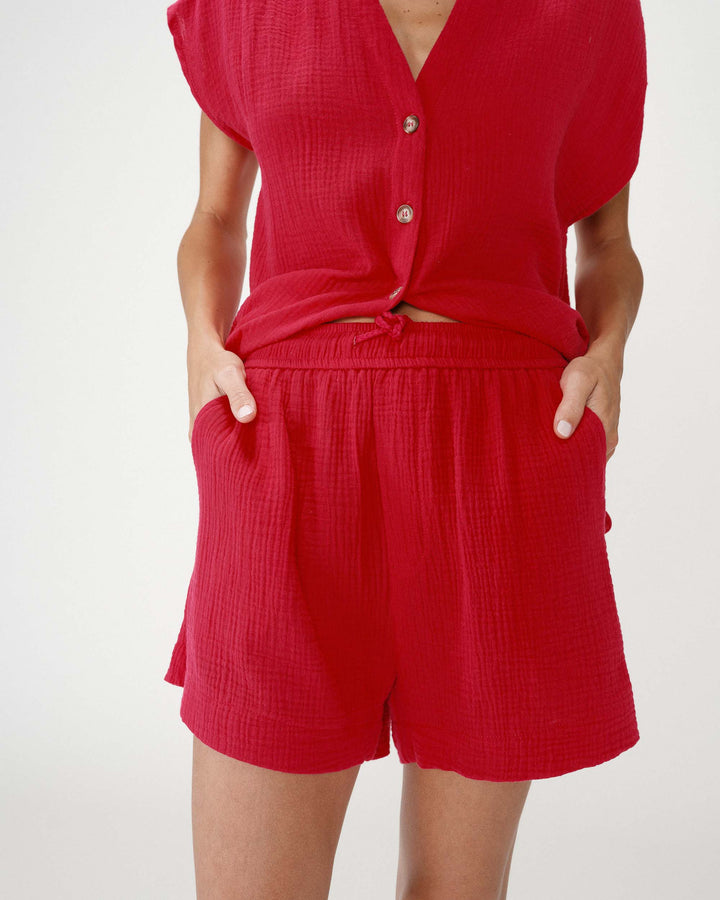 High-waisted cotton gauze wide shorts fuchsia Wasabi