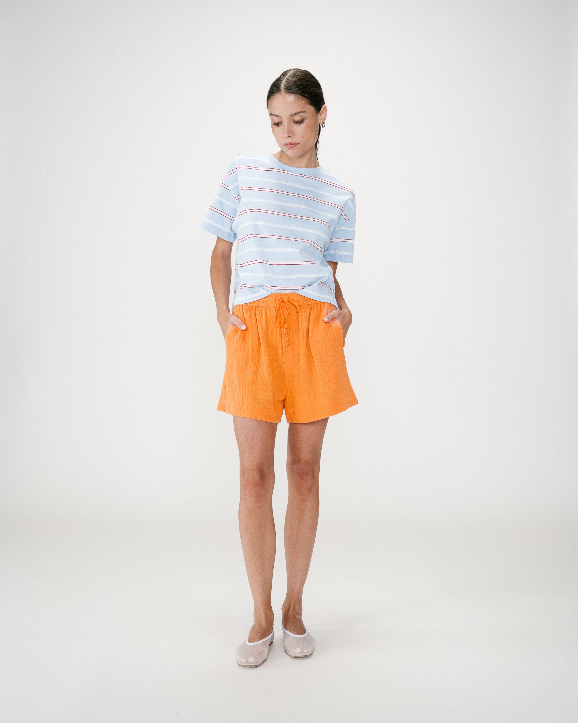 High-waisted cotton gauze wide shorts orange Wasabi