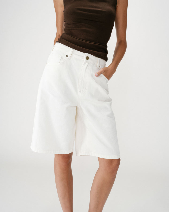 High-waisted long denim bermuda shorts ecru Will