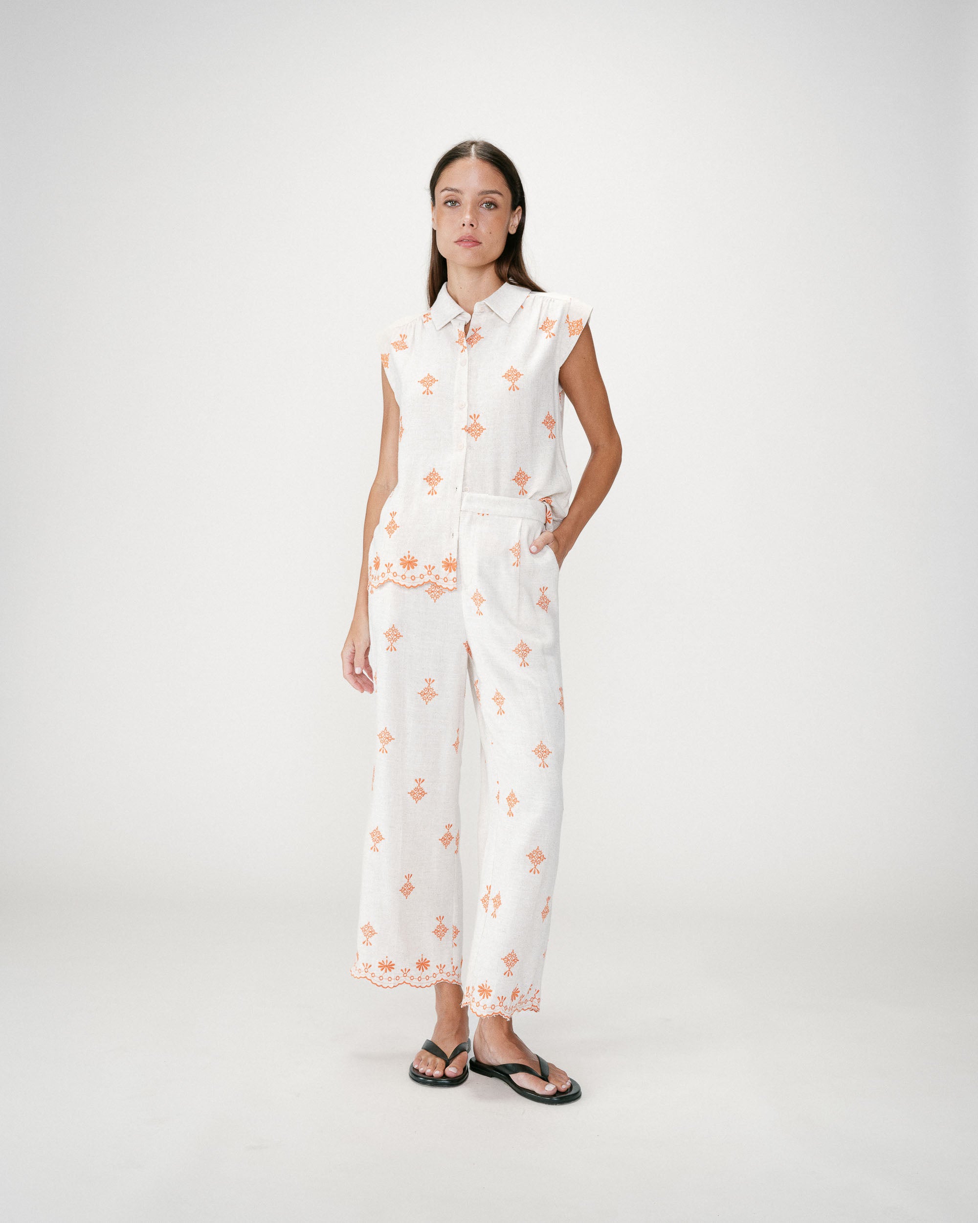 Pantalón recto bordado 7/8 orange Waren