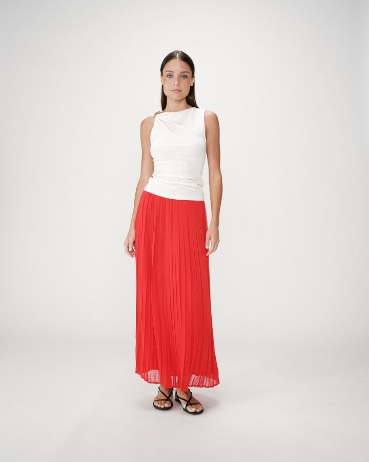 Flowing pleated long skirt rouge Walina